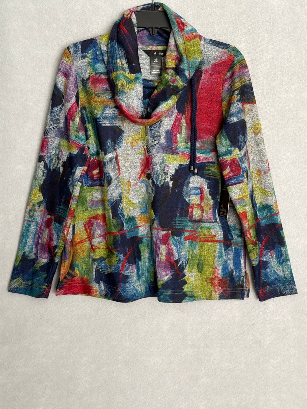 Ali Miles Brushed Knit Top Cowl Neck with Ties Multi-Color Women's Small NEW